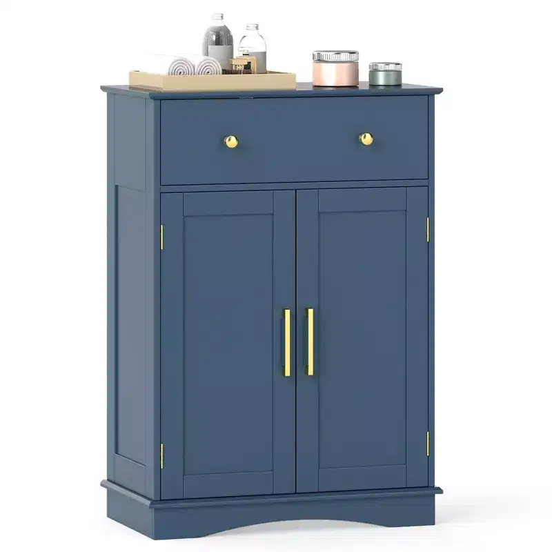 Costway Bathroom Floor Cabinet Modern Storage Cabinet with Large Pull-out Drawer,2 Doors Black/Blue/Gray/White/Black+White