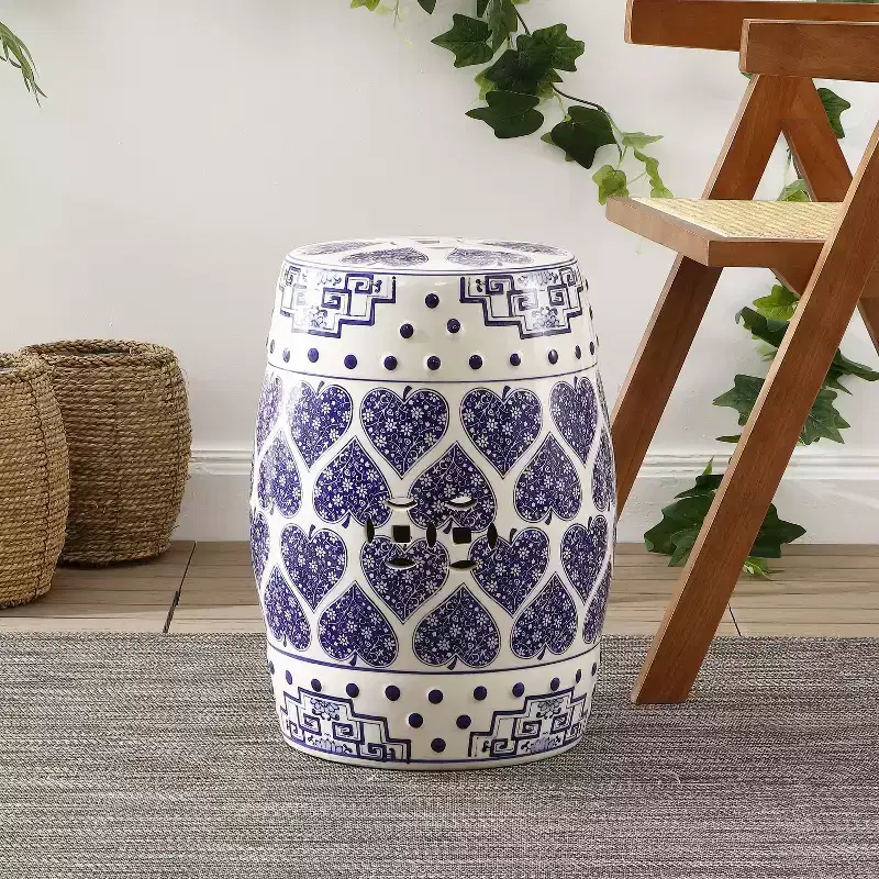 Blue & White Chinoiserie Ceramic Drum Garden Stool / Accent Table