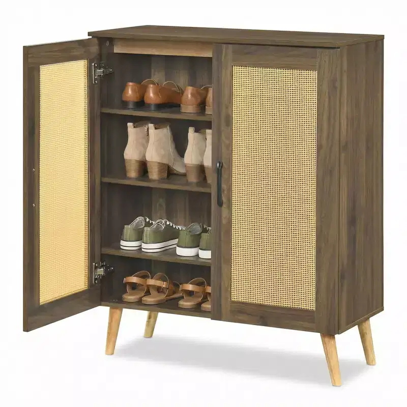 Costway Rattan Shoe Cabinet with 3 Removable Shelves,5-Tier Narrow Cabinet Wood Legs, Walnut/Natural
