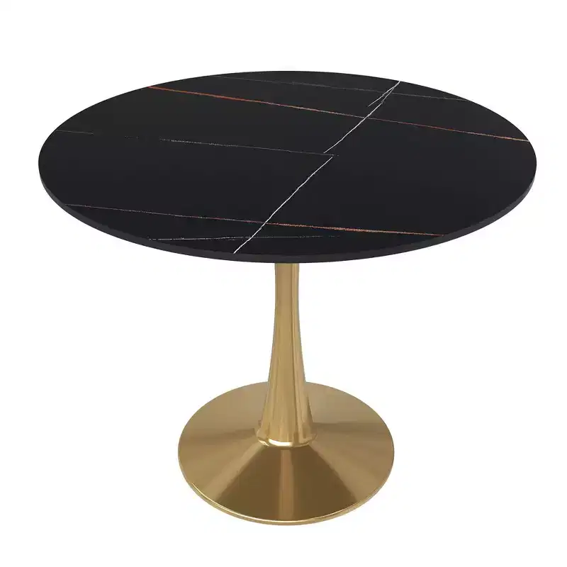 LeisureMod Bristol 31 Round Dining Table  Sintered Stone Top Accent Caf Table & Sturdy Steel Gold Pedestal Base for Kitchen and Small Spaces