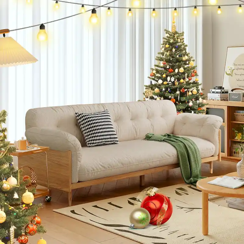 Modern 3-Seat Upholstered Cotton Linen Sofa, Beige