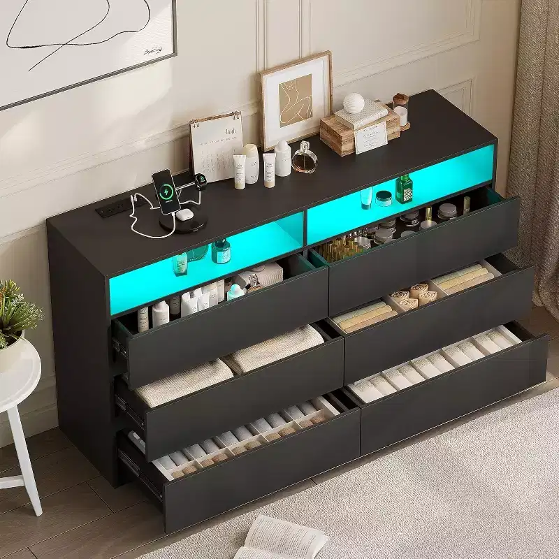 Dyonery 6 Drawer Dresser for Bedroom with LED Light