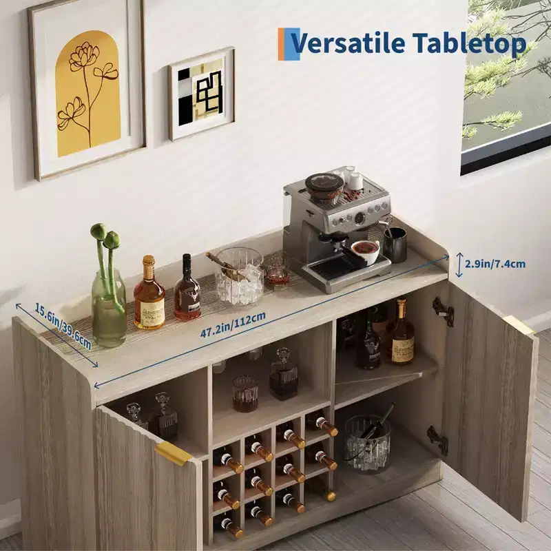 47W Modern Wine Bar Cabinet, Freestanding Coffee Bar Cabinet with 9 Glass Holders & 12 Wine Racks, Wooden Sideboard Buffet Cabinet, Brown