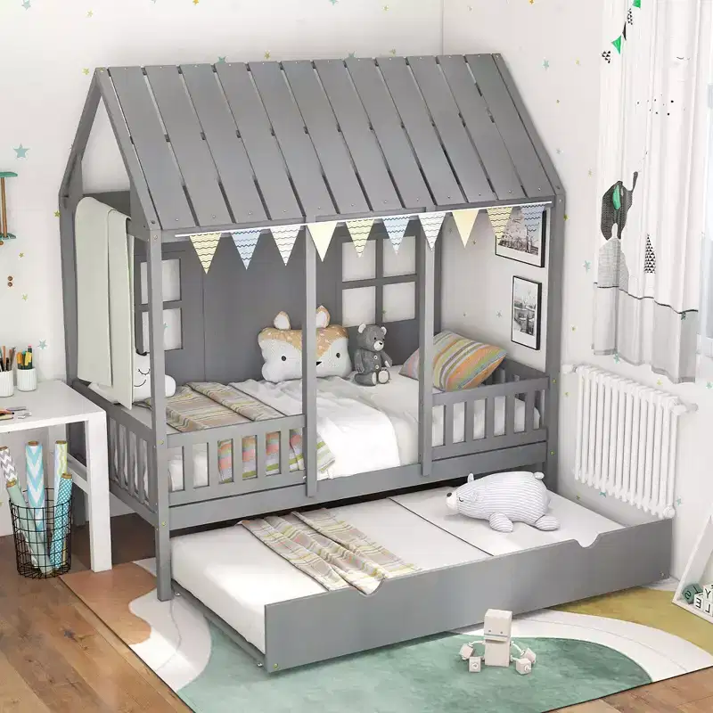 Twin Size House Bed with Trundle Fence Decoration Wooden Windows Tall Roof Gray
