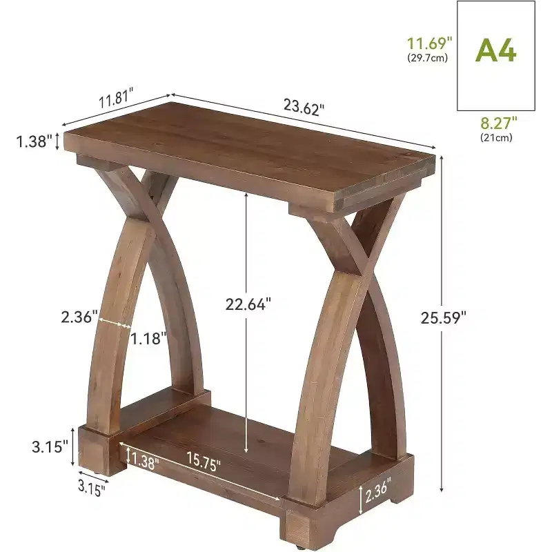 Lantine Solid Wood End Table, Small Side Table with Storage Shelf, 2-Tier Narrow End Table for Living Room, Bedroom, Small Spaces
