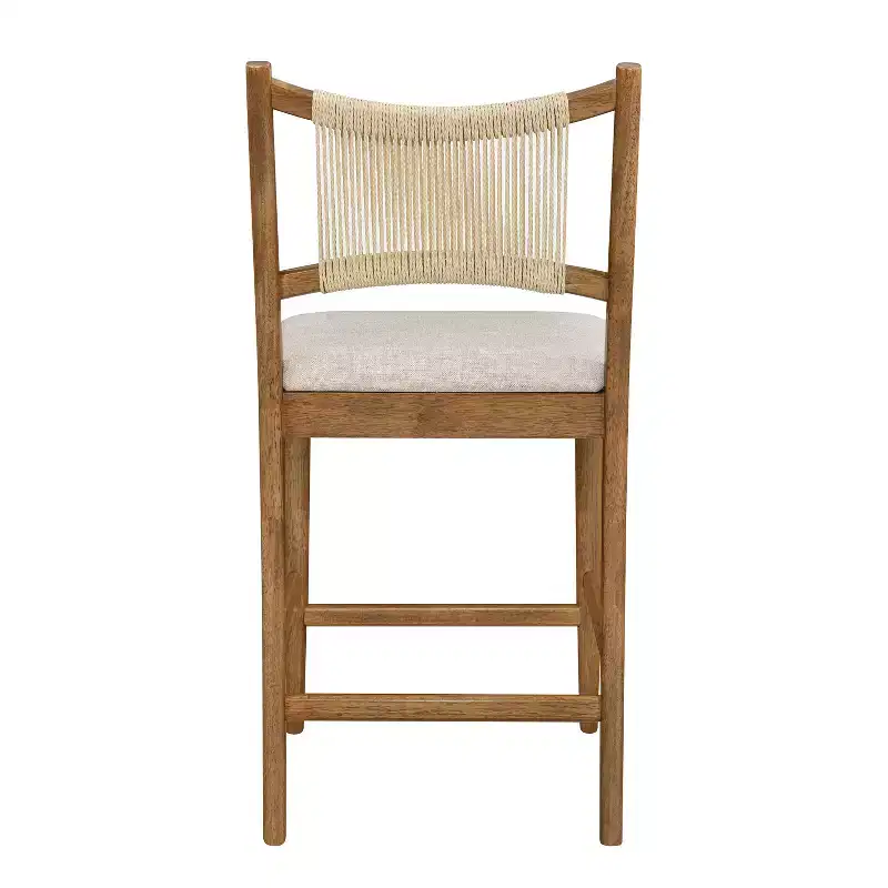 Set of 2 Modern Rubberwood Upholstered Counter Stools with Woven Rope Backrest, 300 lbs
