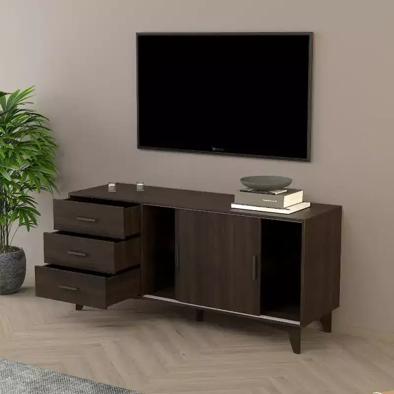 HomeStock Parker TV Stand with Sliding Doors and Drawers in Dark Brown