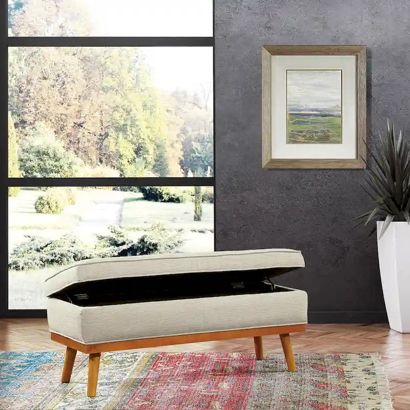 Mid-Century Storage Bench – Green / Orange / Grey / Charcoal Faux Leather / Linen, Nail-Head Trim, Single