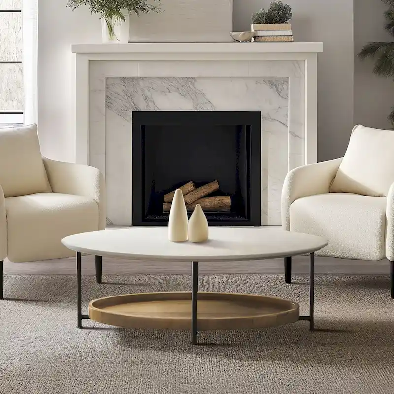 Oval Coffee Table with White Top and Natural Shelf