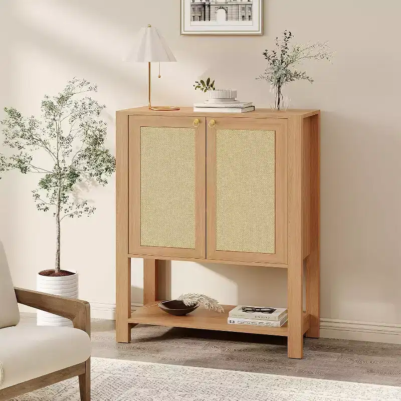 Rattan Shoe Cabinet for Entryway, 5-Tier Farmhouse Organizer Rack Narrow Shoe Storage Cabinet with 2 Doors and Open Shelf for Hallway Living Room