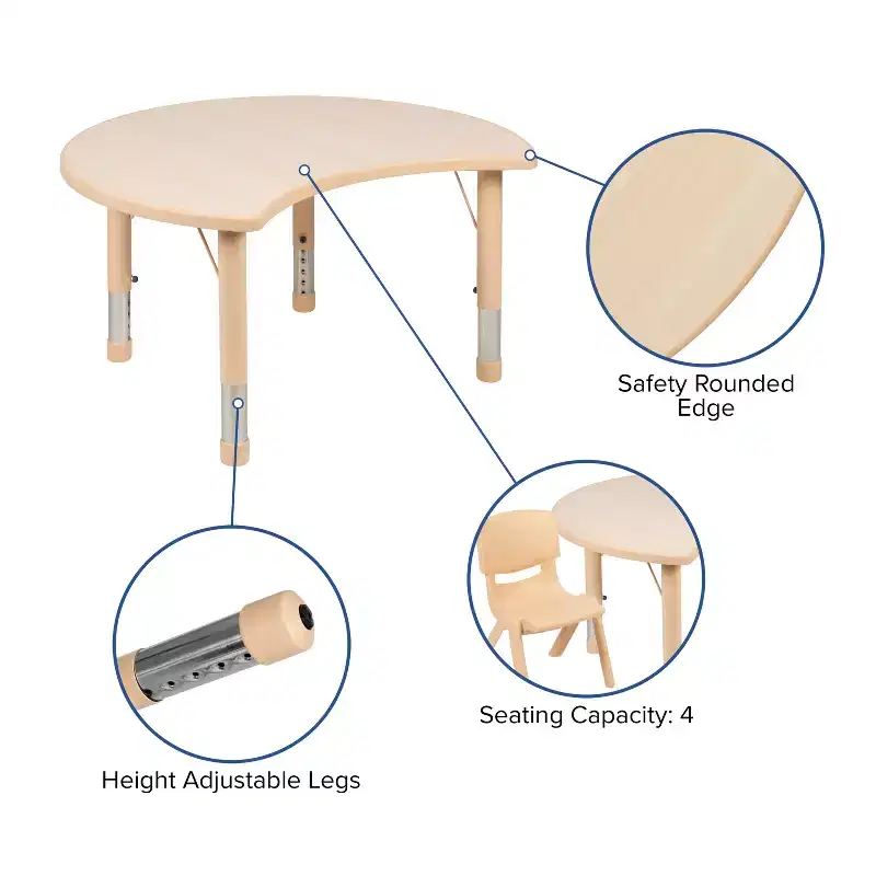 Emma and Oliver 25.125W x 35.5L Crescent Natural Plastic Adjustable Kids Table Set - 4 Chairs