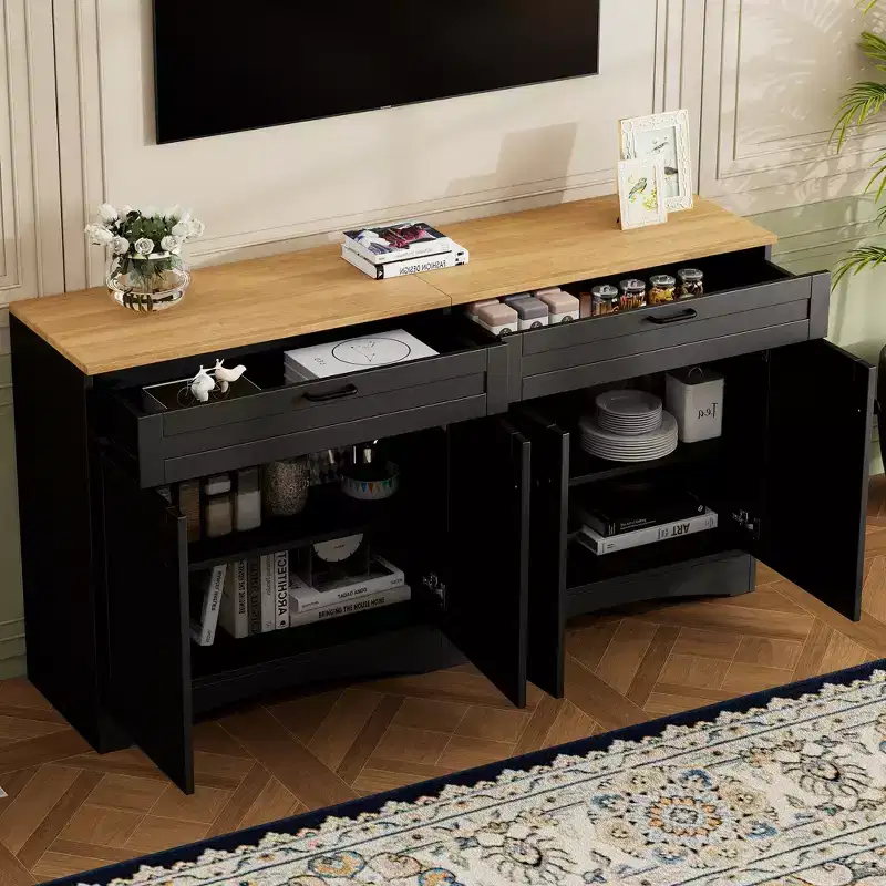Wood TV Stand with 2 Drawers for 70 inch TV, TV Storage Cabinet with Adjustable Shelves, Mid-Century Entertainment Center Console Table