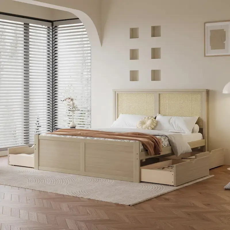 Harper&Bright Designs Rattan Headboard Storage Platform Bed with 4 Drawers