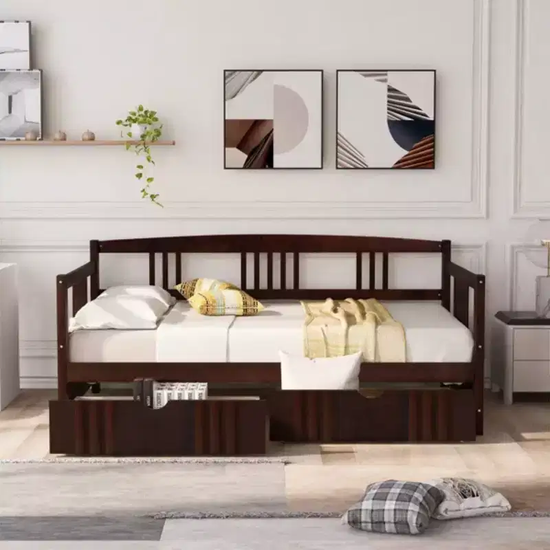 Espresso/Gray/White Full Size Wood Daybed with 2 Drawers, Sofa Bed for 1-2 People