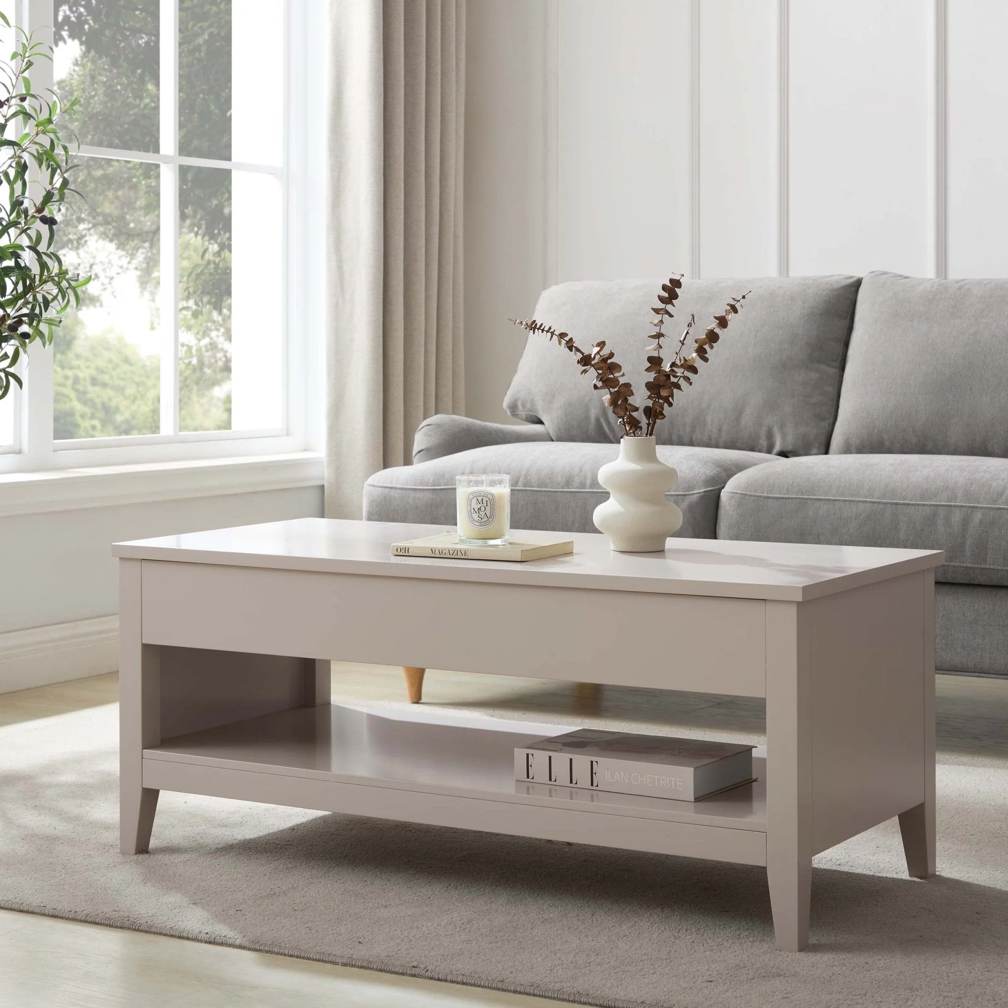 Modern Pebble Painted Lift-Top Coffee Table with Hidden Storage for Living Room