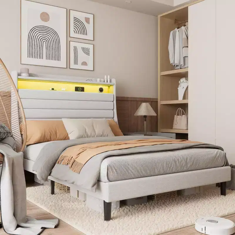 Full Size Bed Frame, Storage Headboard with Charging Station & LED Lights, with Upholstered Headboard, No Box Spring Needed, Easy Assembly, Beige