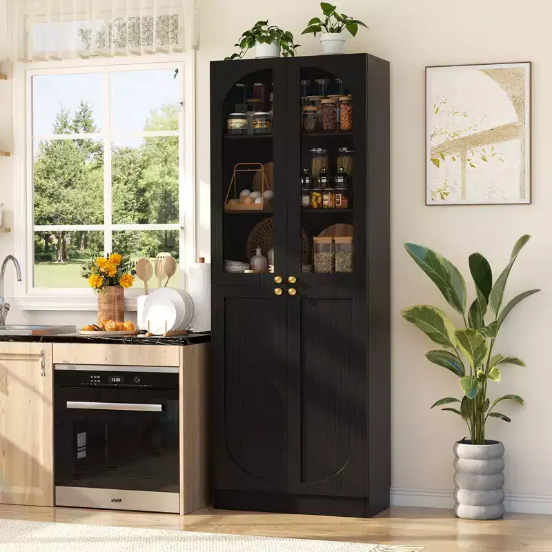 Besiost 80 Tall Kitchen Pantry Arch Storage Cabinet with Tempered Glass Doors, Freestanding Bookcase with Shelves