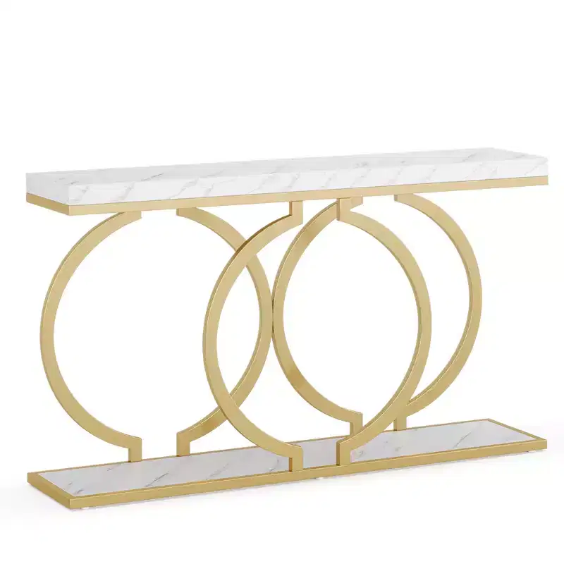 MAYEERTY 55.1 Gold Console Table, Faux Marble Veneer Geometric O-Shaped Base Entryway Table