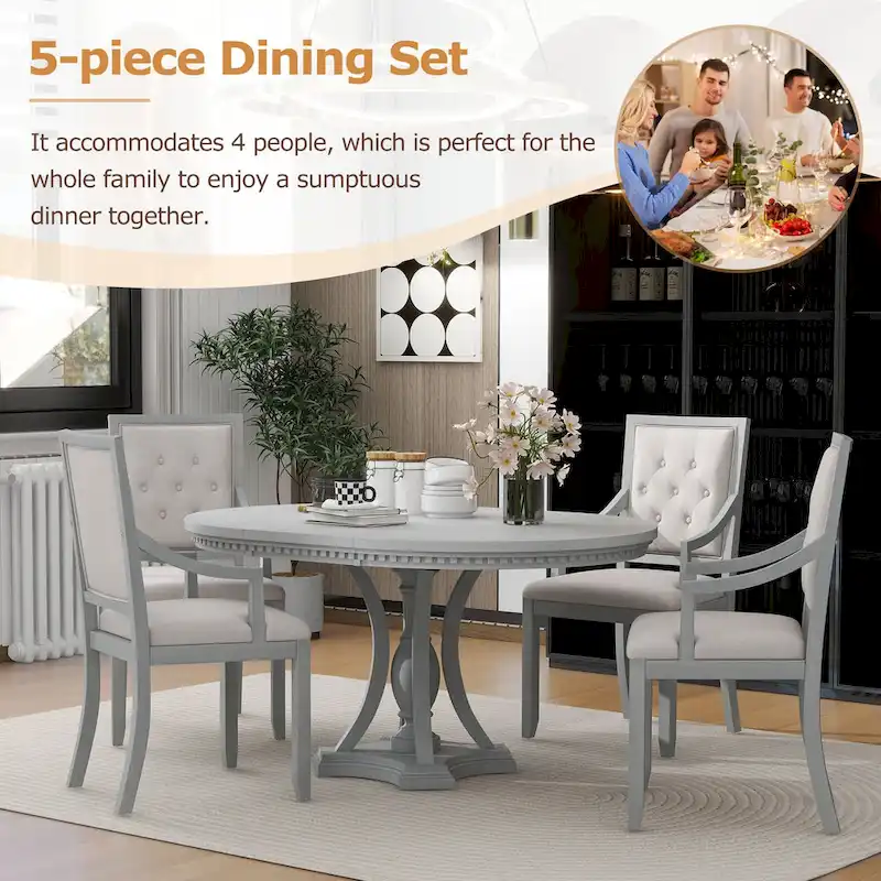 Antique Gray Retro 5-Piece Wooden Dining Table Set with Extendable Round Table & 4 Chairs