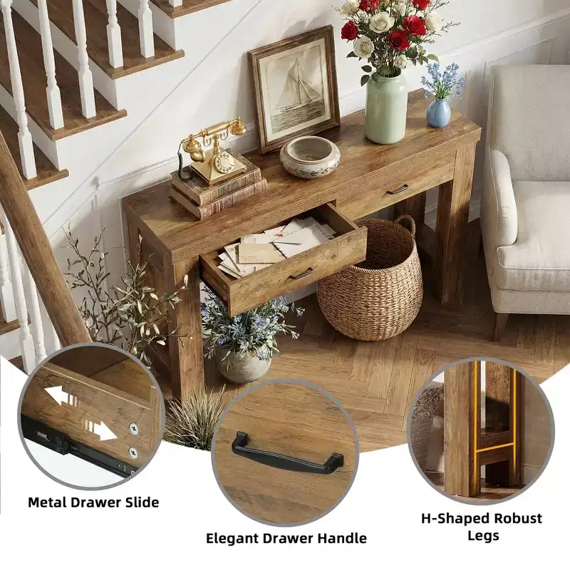 MAYEERTY 63-Inch Farmhouse Console Table, Entryway Table with H-Shaped Legs and 2 Drawers