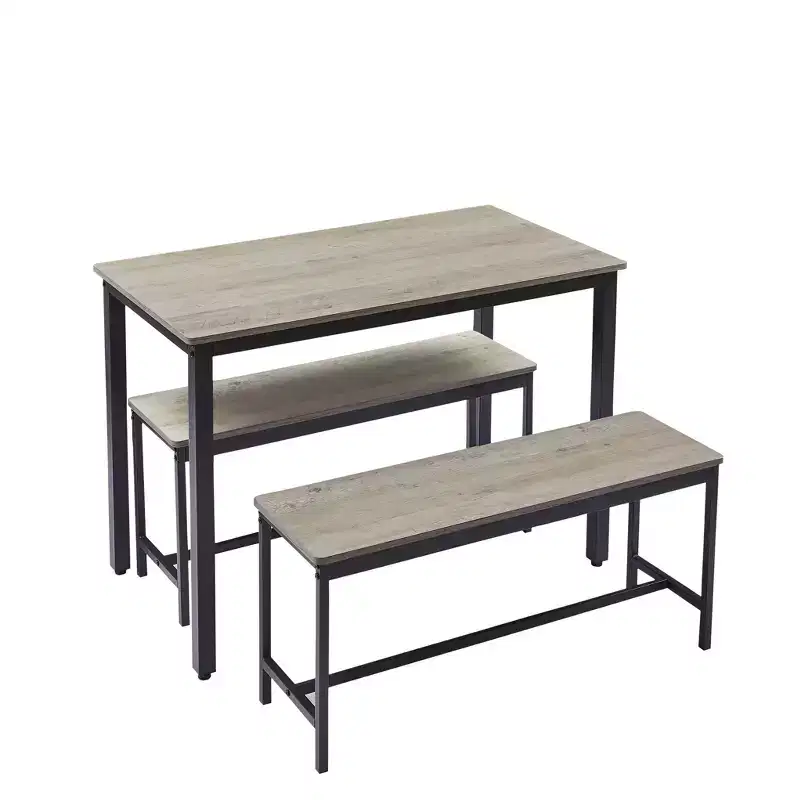 CuisinSmart 3 Piece Dining Table Set, Dining Room Table Set with Benches, Steel Frames, Industrial Bar Table Set, Dining Table Set, Grey