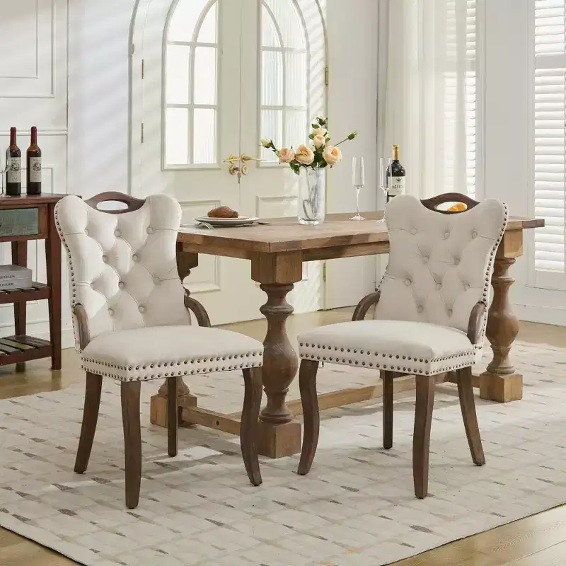 Zeus & Ruta Vintage Velvet Dining Chairs Set of 2 with Handmade Tufted Trim, Solid Wood Handles and Copper Nail Accents