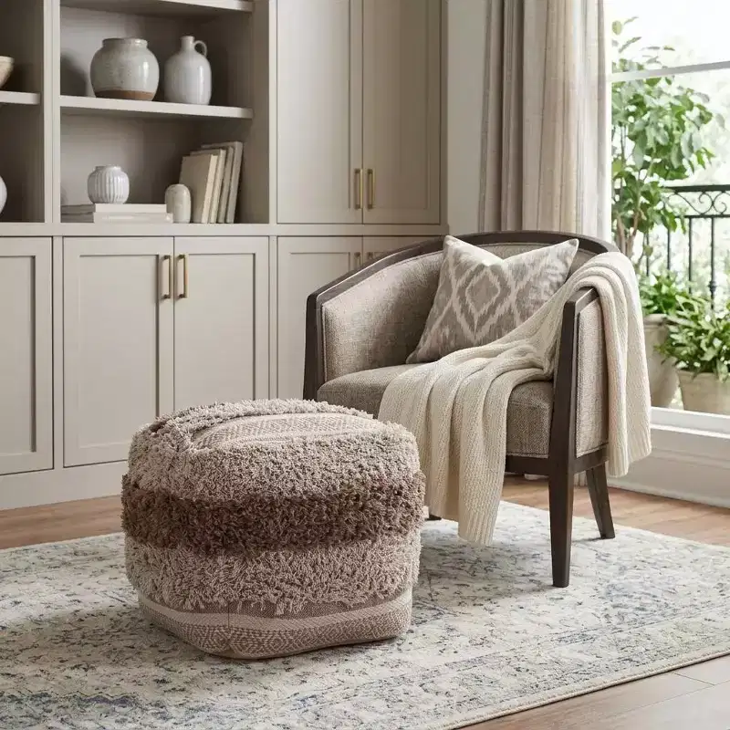 18 Beige Striped Pouf Ottoman
