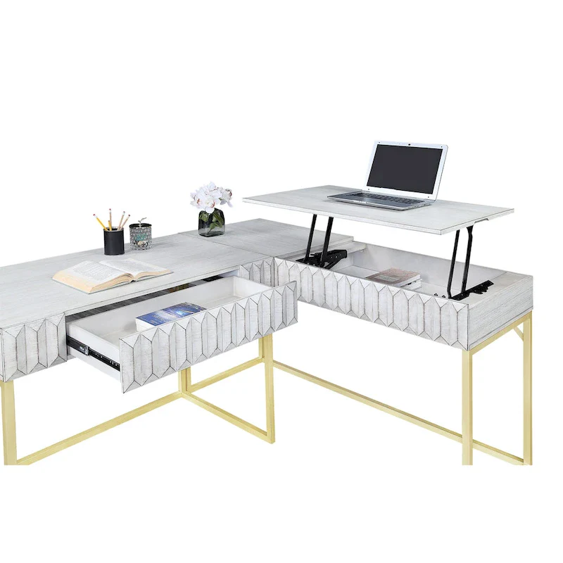 Bird Glam Metal Lift-top L-Shaped Computer Desk with USBs