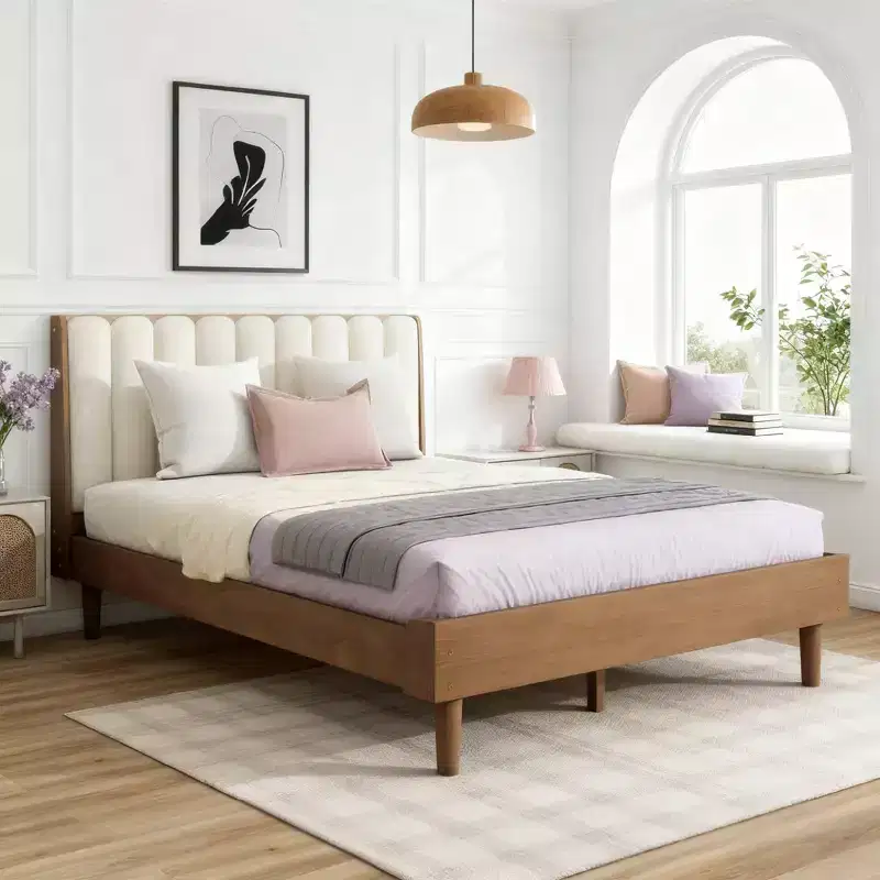 Luxystar Queen Size Wood Bed with Piano Key Style Upholstered Headboard and Strengthened Bed Frame,Wheat