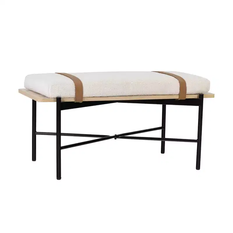 Thatcher Boucle Wood and Metal Removable Cushion Bench: Curved Edge, Vegan Leather Straps, Zipper Design, Easy Clean