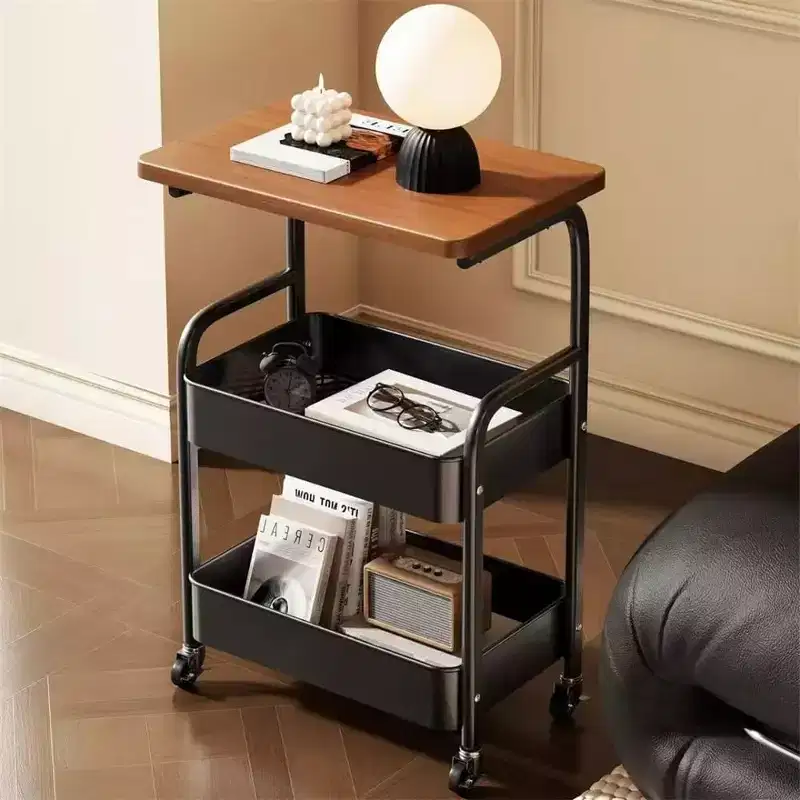 3-Tier Rolling Utility Cart with Wooden Tabletop & Metal Frame, Lockable Wheels for Kitchen