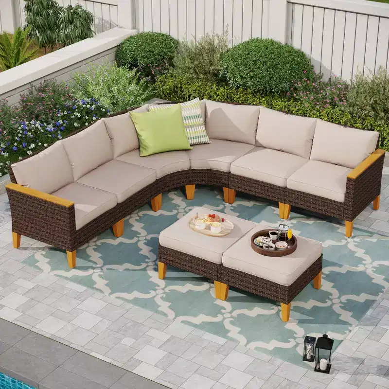 Captiva Designs 8pc Outdoor Wicker Rattan Conversation Set with Curved Sectional Sofa and Ottoman Beige: All-Weather, Rust-Resistant