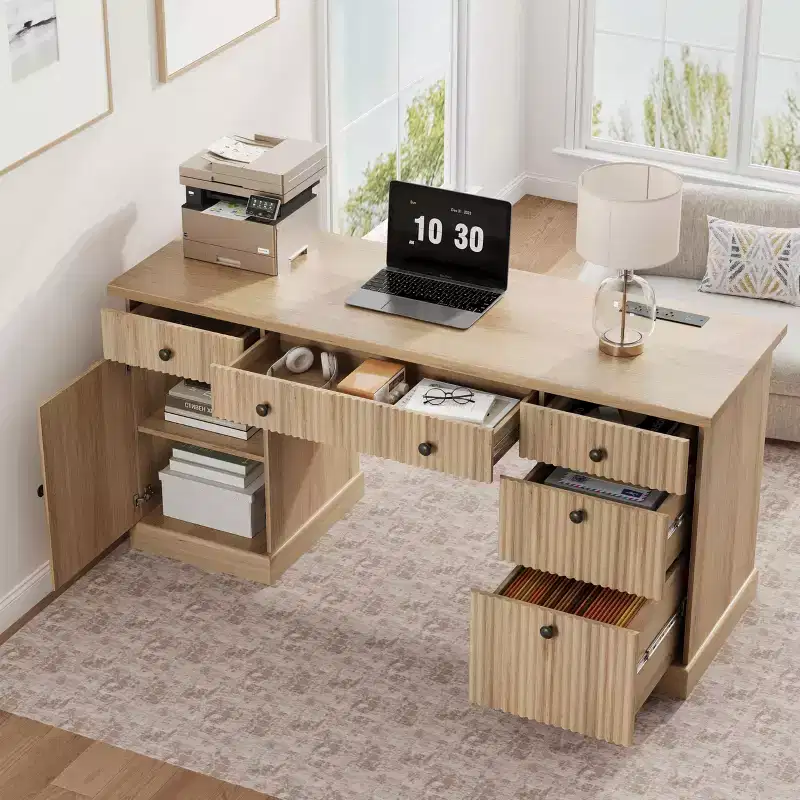 Fluted Home Office Desk Storage, 60 Modern Executive Desk with Charging Station, Wooden Computer Writing Desk with File Drawers for Study Room