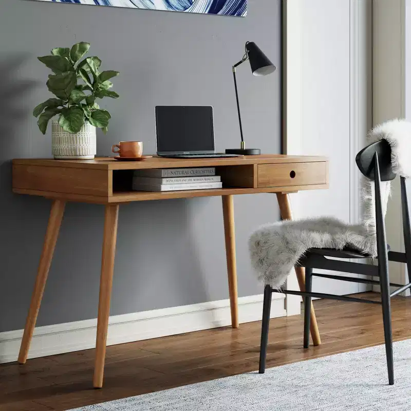 Mid-Century Desk with Drawer Acacia Light Brown: MDF Top, Solid Wood Legs, Home Office Furniture