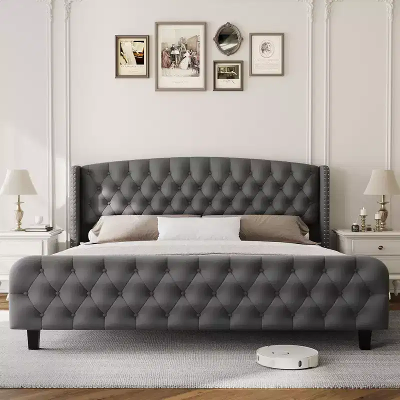 Platform Bed Frame with 51'' Tall Deep Button Tufted Suede Wingback Headboard & Footboard  Nailhead Trim, Sturdy Wood Slats,Noise-Free,No Box Needed