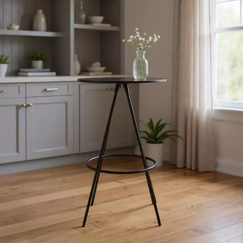 HomeRoots 31 Black Rounded Wood and Iron Bar Table