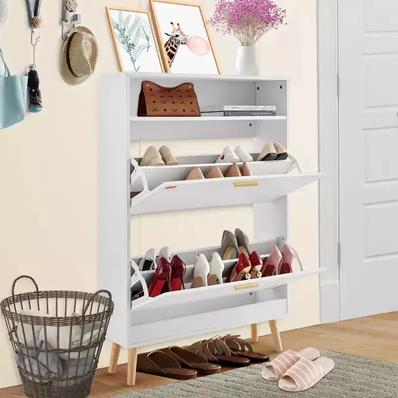 Shoe Cabinet with 2 Flip Drawers, Free Standing Shoe Storage Organizer for Entryway with Top Storage Cubby, White