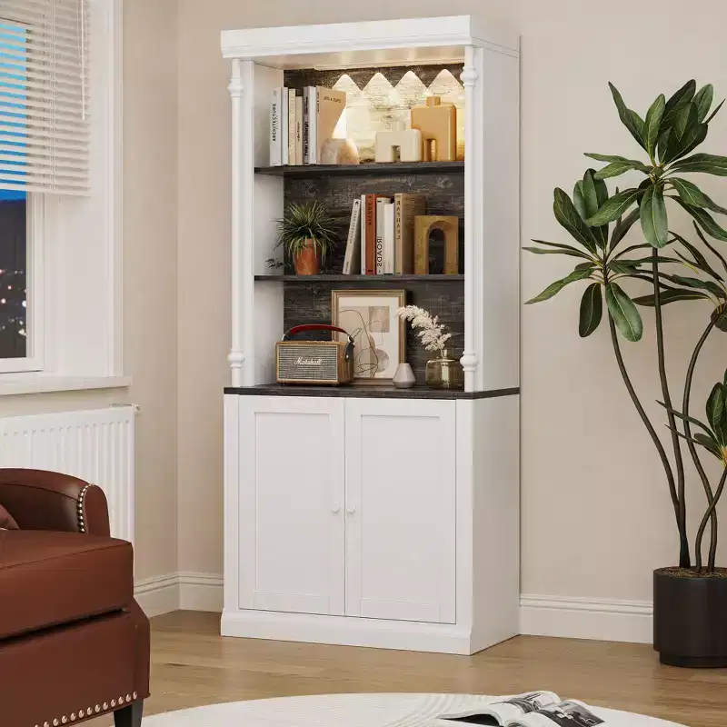 5-Tier Adjustable Bookcase,Roman Column Bookshelf with Led Light,Open Shelves&Storage Cabinet Design,Wood Grain Display Bookcase for Home Office