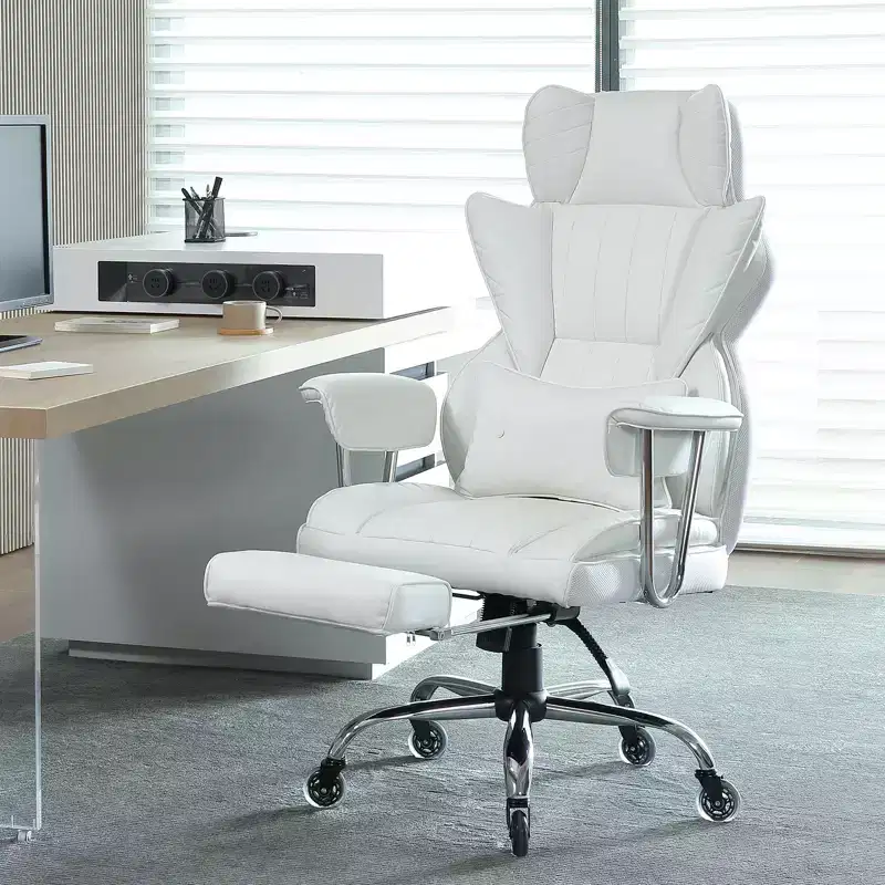 VEVOR Reclining Office Chair with Footrest, Heavy Duty PU Leather Wide Office Chair, Big and Tall Executive Office Chairs with Lumbar Support, White