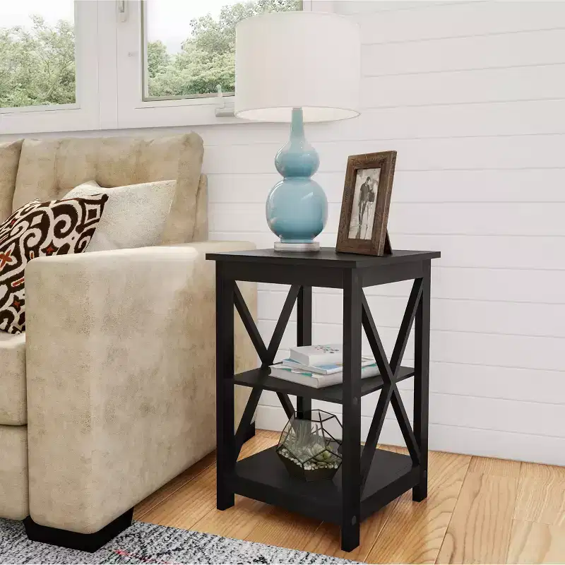Wooden End Table with Two Shelves and X-Shaped Design