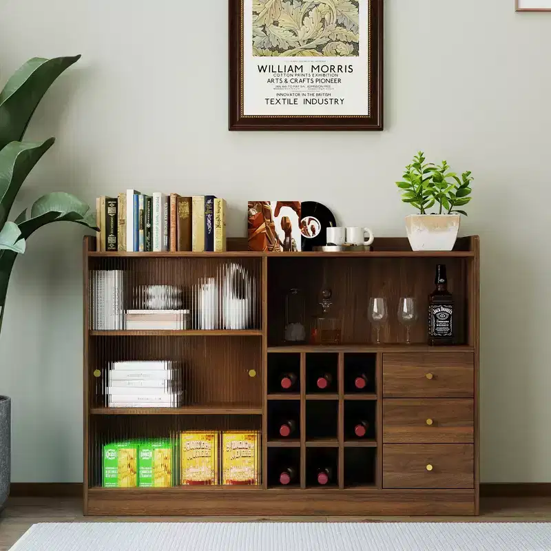 JVNOXK 47-inch sideboard with two striped glass sliding doors, freestanding countertop storage cabinet, ideal for storing wine bottles, walnut