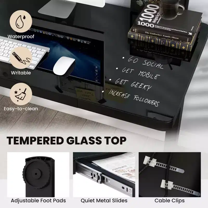 Costway 48 x 24 Whole-Piece Glass Standing Desk w/Drawers Writable Tempered Glass Top Black/White
