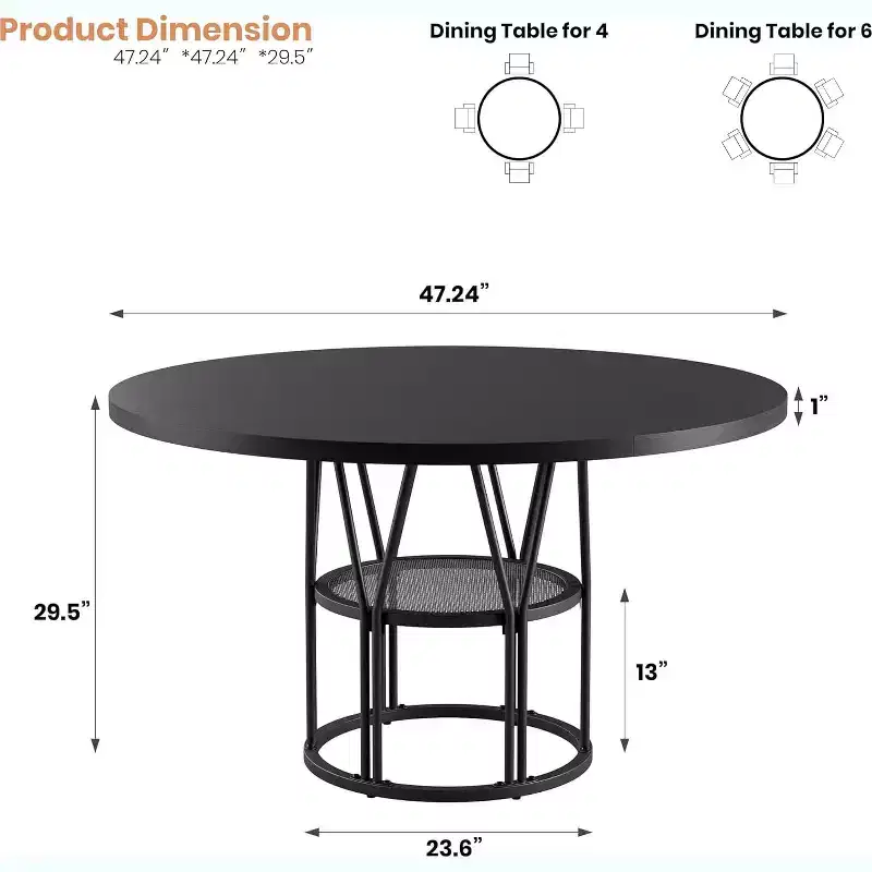 Round Dinning Table for 4-6, 47in Circle Kitchen Table with Storage Shelf & Sturdy Metal Frame, Modern Dinner Table for Kitchen, Living Room