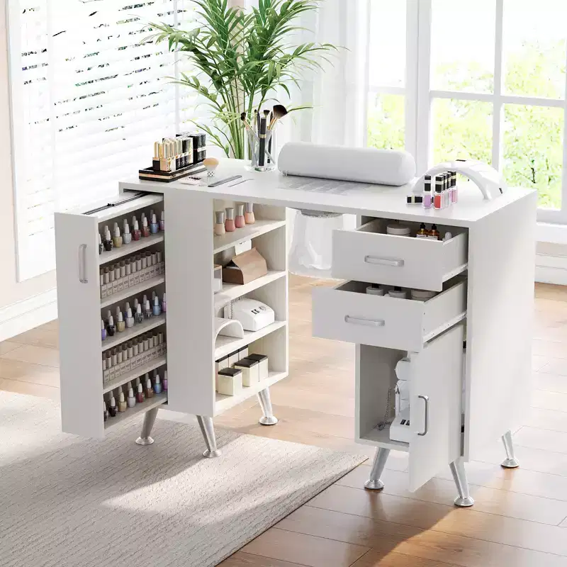 Manicure table with electric vacuum, dust bag, and wrist rest pad, featuring drawers and storage cabinets, suitable for hallways and entryways.