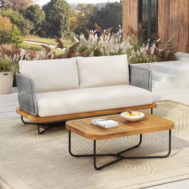 Christopher Knight Home Ofra Patio Rope Woven Acacia and Iron Frame Seating Set with 7 Water-Resistant Cushion