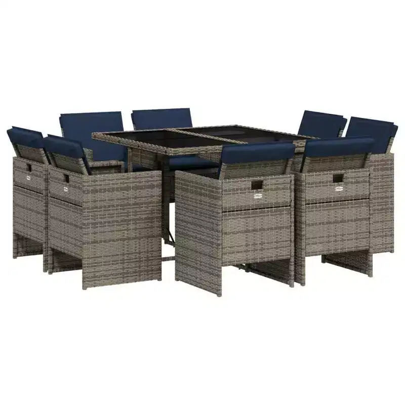 vidaXL Patio Dining Set, 8-Piece Outdoor Gray Rattan Dining Table and Navy Blue Cushioned Chairs