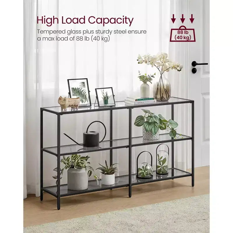 VASAGLE 51.2 Inch Console Table with 3 Shelves, Sofa Table, Entryway Table, Metal Frame, Tempered Glass Shelf, Modern Style
