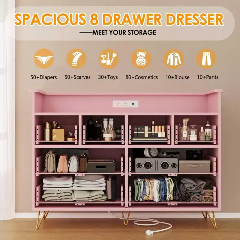 8-Drawer Dresser with Power Outlet, LED Lights & Gold Handles, Modern Wood Chest, White