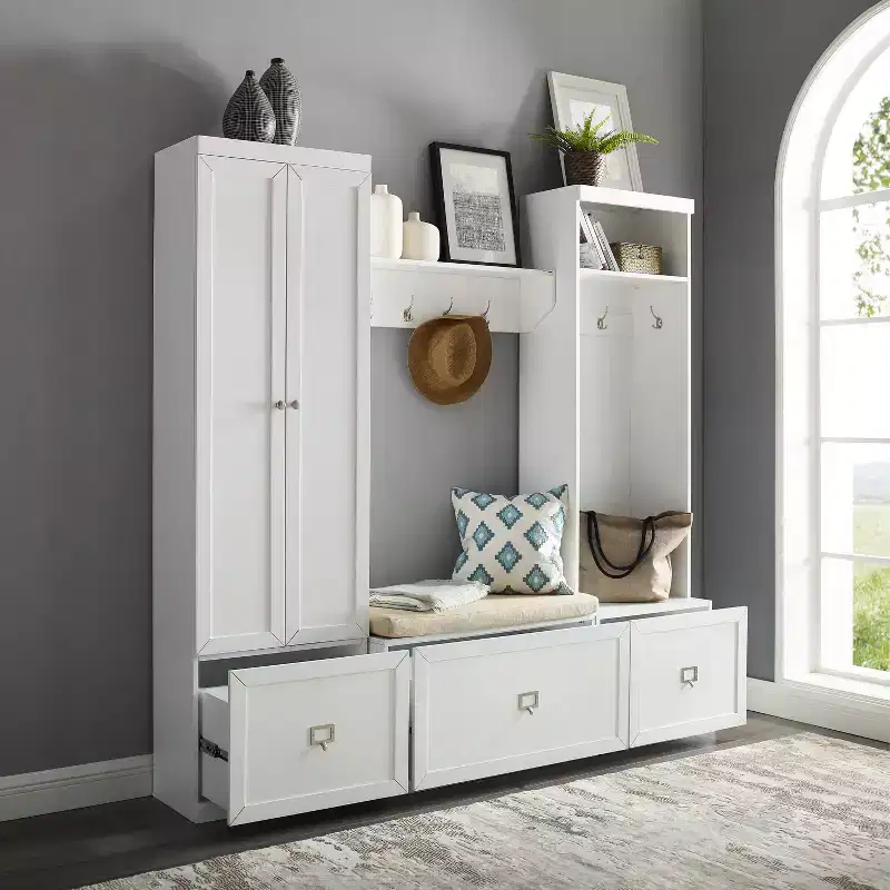 4pc Harper Entryway Set with Bench, Shelf, Hall Tree and Pantry Closet Set White - Crosley
