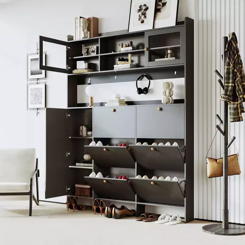 Whisen Tipping Bucket Shoe Cabinet with Storage Shelf and 6 Flip Drawers, Large Hall Tree with Tempered Glass Doors and 4 Hooks